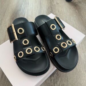Chinese Laundry Black and Gold Sandals with Bold Eyelets